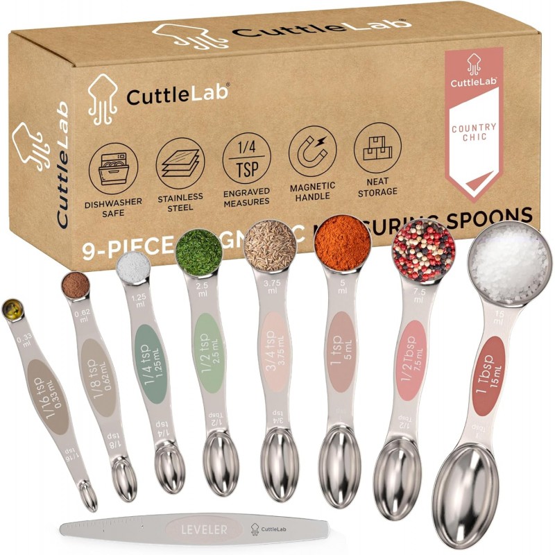 Magnetic Measuring Spoons Set - Stainless Steel, Double Ended, Stackable & Nested Design for Dry and Liquid Ingredients, Ideal for Spice Jars, 9-Piece Set with Leveler (Country Chic)