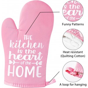 GROBRO7 6Pcs Funny Oven Mitts Pot Holders The Kitchen is The Heart of The Home Heat Resistant Hot Pad Machine Washable Gloves with Hanging Loop Pocket Hot Pad for Baking Cooking Pink