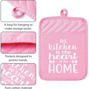 GROBRO7 6Pcs Funny Oven Mitts Pot Holders The Kitchen is The Heart of The Home Heat Resistant Hot Pad Machine Washable Gloves with Hanging Loop Pocket Hot Pad for Baking Cooking Pink