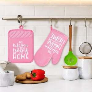 GROBRO7 6Pcs Funny Oven Mitts Pot Holders The Kitchen is The Heart of The Home Heat Resistant Hot Pad Machine Washable Gloves with Hanging Loop Pocket Hot Pad for Baking Cooking Pink