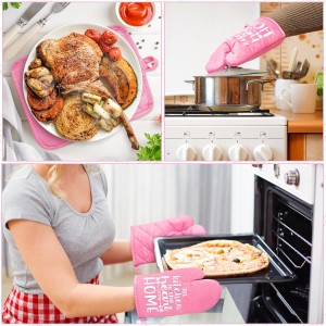 GROBRO7 6Pcs Funny Oven Mitts Pot Holders The Kitchen is The Heart of The Home Heat Resistant Hot Pad Machine Washable Gloves with Hanging Loop Pocket Hot Pad for Baking Cooking Pink