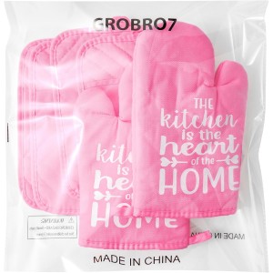 GROBRO7 6Pcs Funny Oven Mitts Pot Holders The Kitchen is The Heart of The Home Heat Resistant Hot Pad Machine Washable Gloves with Hanging Loop Pocket Hot Pad for Baking Cooking Pink