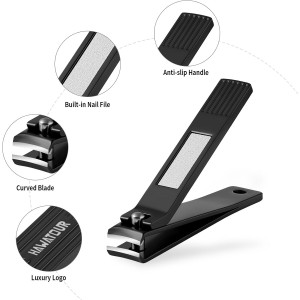 HAWATOUR Nail Clippers Set, Ultra Sharp Curved Blade Fingernail and Toenail Clipper Cutters with Visibly Tin Case, Squares and Stripes, Black