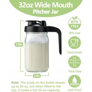 32oz Glass Pitcher with Lid & V-shaped Pour Spout - 1 Quart Breastmilk Pitcher Double Leak Proof, Creamer Container for Sun Tea, Juice, Cold Brew Coffee, Breastmilk Storage Container