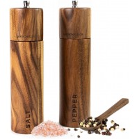 Saffron & Sage Premium Acacia Wood Salt and Pepper Grinder Set of 2-8” Tall Salt and Peppercorn Mill with Adjustable Coarse Settings, Rust Resistant, Smooth and Quality Grinding Mechanism