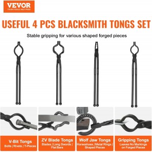VEVOR Blacksmith Tongs, 4 PCS: V-Bit Bolt, Wolf Jaw, Z V-Bit & Gripping - A3 Carbon Steel, 18' for Blacksmiths & Bladesmiths