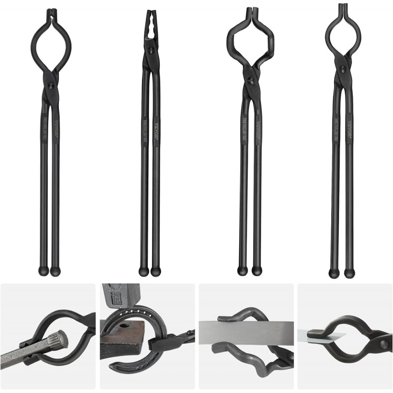 VEVOR Blacksmith Tongs, 4 PCS: V-Bit Bolt, Wolf Jaw, Z V-Bit & Gripping - A3 Carbon Steel, 18' for Blacksmiths & Bladesmiths