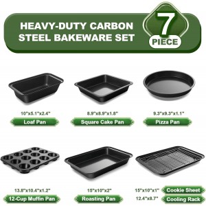 EWFEN Bakeware Sets, Baking Pans Set, Nonstick Oven Pan for Kitchen with Wider Grips, 7-Piece with Round/Square Cake Pan, Loaf Pan, Muffin Pan, Cookie Sheet, Roast Pan, Cooling Rack, Carbon Steel Bake