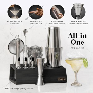 BARE BARREL® Mixology Bartender Kit Bar Set | 14-Piece Cocktail Shaker Set | Martini Barware Mixing Tools for Home Bartending | Incl. 35 Recipe Cards | Gift Set (28oz Boston Shaker, Silver/Black)