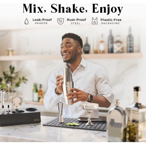 BARE BARREL® Mixology Bartender Kit Bar Set | 14-Piece Cocktail Shaker Set | Martini Barware Mixing Tools for Home Bartending | Incl. 35 Recipe Cards | Gift Set (28oz Boston Shaker, Silver/Black)
