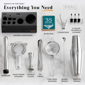 BARE BARREL® Mixology Bartender Kit Bar Set | 14-Piece Cocktail Shaker Set | Martini Barware Mixing Tools for Home Bartending | Incl. 35 Recipe Cards | Gift Set (28oz Boston Shaker, Silver/Black)