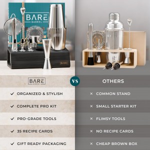 BARE BARREL® Mixology Bartender Kit Bar Set | 14-Piece Cocktail Shaker Set | Martini Barware Mixing Tools for Home Bartending | Incl. 35 Recipe Cards | Gift Set (28oz Boston Shaker, Silver/Black)