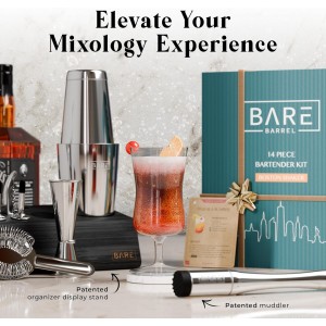 BARE BARREL® Mixology Bartender Kit Bar Set | 14-Piece Cocktail Shaker Set | Martini Barware Mixing Tools for Home Bartending | Incl. 35 Recipe Cards | Gift Set (28oz Boston Shaker, Silver/Black)