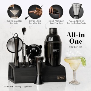 BARE BARREL® Mixology Bartender Kit Bar Set | 14-Piece Cocktail Shaker Set | Martini Barware Mixing Tools for Home Bartending | Incl. 35 Recipe Cards | Gift Set (24oz Cobbler Shaker, Jet Black/Black)