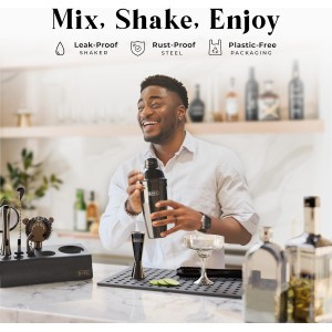 BARE BARREL® Mixology Bartender Kit Bar Set | 14-Piece Cocktail Shaker Set | Martini Barware Mixing Tools for Home Bartending | Incl. 35 Recipe Cards | Gift Set (24oz Cobbler Shaker, Jet Black/Black)