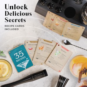 BARE BARREL® Mixology Bartender Kit Bar Set | 14-Piece Cocktail Shaker Set | Martini Barware Mixing Tools for Home Bartending | Incl. 35 Recipe Cards | Gift Set (24oz Cobbler Shaker, Jet Black/Black)