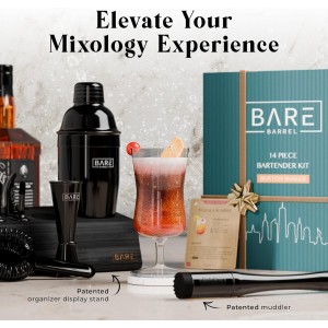 BARE BARREL® Mixology Bartender Kit Bar Set | 14-Piece Cocktail Shaker Set | Martini Barware Mixing Tools for Home Bartending | Incl. 35 Recipe Cards | Gift Set (24oz Cobbler Shaker, Jet Black/Black)