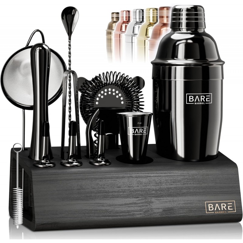 BARE BARREL® Mixology Bartender Kit Bar Set | 14-Piece Cocktail Shaker Set | Martini Barware Mixing Tools for Home Bartending | Incl. 35 Recipe Cards | Gift Set (24oz Cobbler Shaker, Jet Black/Black)