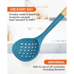 Kitchen Ladle Strainer, Large Slotted Spoon with High Heat Resistant BPA Free, Non Stick Cooking Skimmers For Draining & Frying, 13.2inch (Khaki & Blue)
