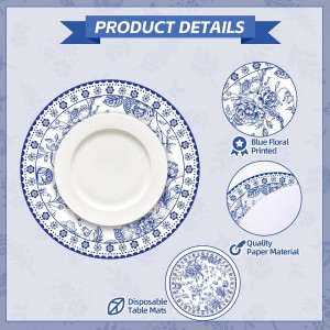 50 Pcs 14 Inch Blue Floral Paper Place Mats Chinoiserie Round Placemats Flower Disposable Decorative Table Mats for Dinner Table Setting Banquet Party Supplies