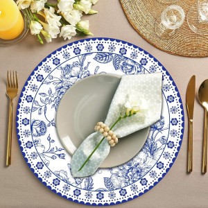 50 Pcs 14 Inch Blue Floral Paper Place Mats Chinoiserie Round Placemats Flower Disposable Decorative Table Mats for Dinner Table Setting Banquet Party Supplies