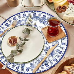 50 Pcs 14 Inch Blue Floral Paper Place Mats Chinoiserie Round Placemats Flower Disposable Decorative Table Mats for Dinner Table Setting Banquet Party Supplies