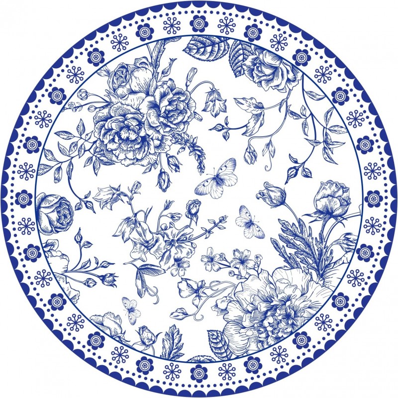 50 Pcs 14 Inch Blue Floral Paper Place Mats Chinoiserie Round Placemats Flower Disposable Decorative Table Mats for Dinner Table Setting Banquet Party Supplies