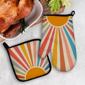Mingnei Colourful Boho Sun Oven Mitts and Pot Holders Set, Boho Sun Kitchen Decor, Heat Resistant Hot Pads for Cooking Baking BBQ Grilling