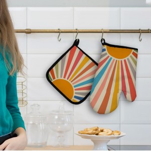 Mingnei Colourful Boho Sun Oven Mitts and Pot Holders Set, Boho Sun Kitchen Decor, Heat Resistant Hot Pads for Cooking Baking BBQ Grilling
