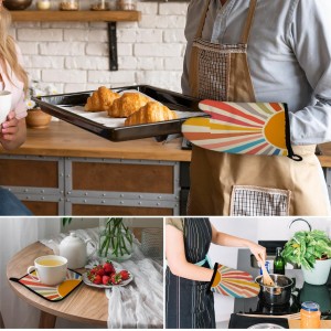 Mingnei Colourful Boho Sun Oven Mitts and Pot Holders Set, Boho Sun Kitchen Decor, Heat Resistant Hot Pads for Cooking Baking BBQ Grilling