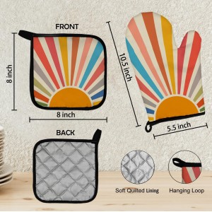 Mingnei Colourful Boho Sun Oven Mitts and Pot Holders Set, Boho Sun Kitchen Decor, Heat Resistant Hot Pads for Cooking Baking BBQ Grilling