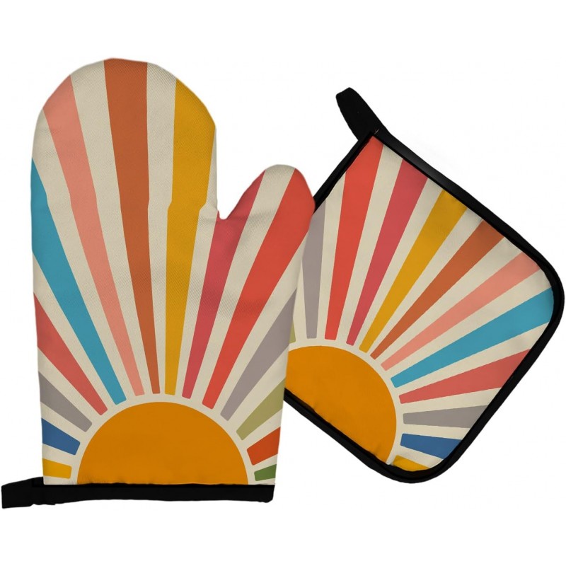 Mingnei Colourful Boho Sun Oven Mitts and Pot Holders Set, Boho Sun Kitchen Decor, Heat Resistant Hot Pads for Cooking Baking BBQ Grilling