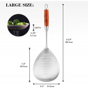 Large Slotted Spoon with Long Wooden Handle - Lyveit 16 Inch Deep Frying Scoop with Hanging Holes, 304 Stainless Steel Fryer Skimmer Spoons for Kitchen Cooking Frying Draining