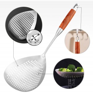 Large Slotted Spoon with Long Wooden Handle - Lyveit 16 Inch Deep Frying Scoop with Hanging Holes, 304 Stainless Steel Fryer Skimmer Spoons for Kitchen Cooking Frying Draining