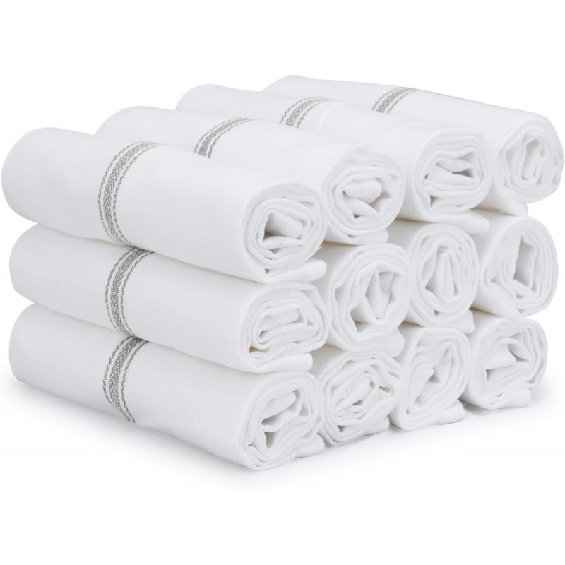 TEXAS LINEN CO. Cotton Kitchen Towels 12 Pack - 15 x 25 Inches - Highly Absorbent Dish Towels for Kitchen Drying, Soft Durable Reusable Quick Dry Tea, Kitchen and Dish Cloths Set - Grey Stripe