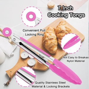 7 Pack Kitchen Tongs,Cooking Tongs with Stainless Steel Silicon Handles and Nylon Tips,7 Inch Stainless Steel Tongs,Heat Resistant Non-Stick BBQ Tongs with Locking, for Cooking Grilling Salad