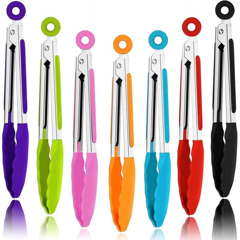 7 Pack Kitchen Tongs,Cooking Tongs with Stainless Steel Silicon Handles and Nylon Tips,7 Inch Stainless Steel Tongs,Heat Resistant Non-Stick BBQ Tongs with Locking, for Cooking Grilling Salad