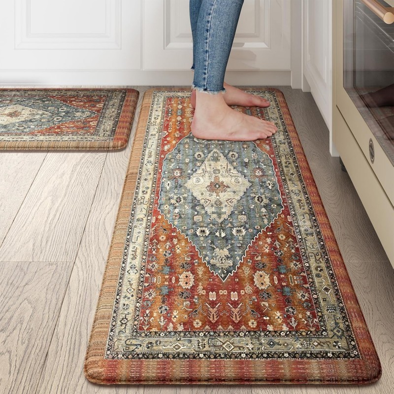 Collive Boho Kitchen Mats 2PCS, Cushioned Kitchen Mat for Floor Anti Fatigue Waterproof Kitchens Rugs Set of 2, Non Skid Comfort Standing Rug for Office, Sink, Laundry, 17.3