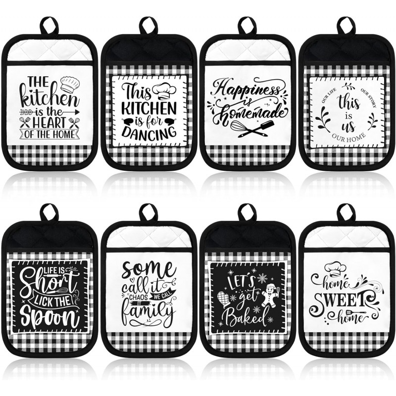 8 Pcs Pot Holders with Pocket Farmhouse Kitchen Black White Decoration Home Sweet Potholder Hot Pad Oven Mitt Cookie Bag Oven Gloves Heat Resistant for Kitchen Decoration Baking Cooking Gift Microwave