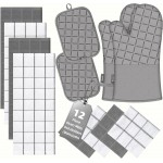 Oven Mitts Kitchen Towels and Dishcloths Pot Holders Sets, Oven Gloves Kitchen Dish Towels 500 Degree Heat Resistant Potholders with Non-Slip Silicone Surface for Cooking, Grilling, Baking-Gray