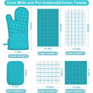 Oven Mitts Kitchen Towels and Dishcloths Pot Holders Sets, Oven Gloves Kitchen Dish Towels 500 Degree Heat Resistant Potholders with Non-Slip Silicone Surface for Cooking, Grilling, Baking-Blue