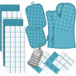 Oven Mitts Kitchen Towels and Dishcloths Pot Holders Sets, Oven Gloves Kitchen Dish Towels 500 Degree Heat Resistant Potholders with Non-Slip Silicone Surface for Cooking, Grilling, Baking-Blue