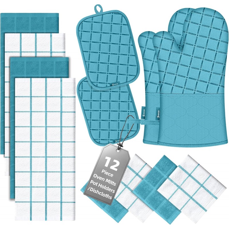 Oven Mitts Kitchen Towels and Dishcloths Pot Holders Sets, Oven Gloves Kitchen Dish Towels 500 Degree Heat Resistant Potholders with Non-Slip Silicone Surface for Cooking, Grilling, Baking-Blue