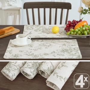 JINCHAN Floral Placemats Set of 4 Farmhouse Linen Placemats Cloth Table Mats Holiday Seasonal Rustic for Kitchen Dining Table Decor Heat Resistant Washable Tablemats 13x19 Inch Green