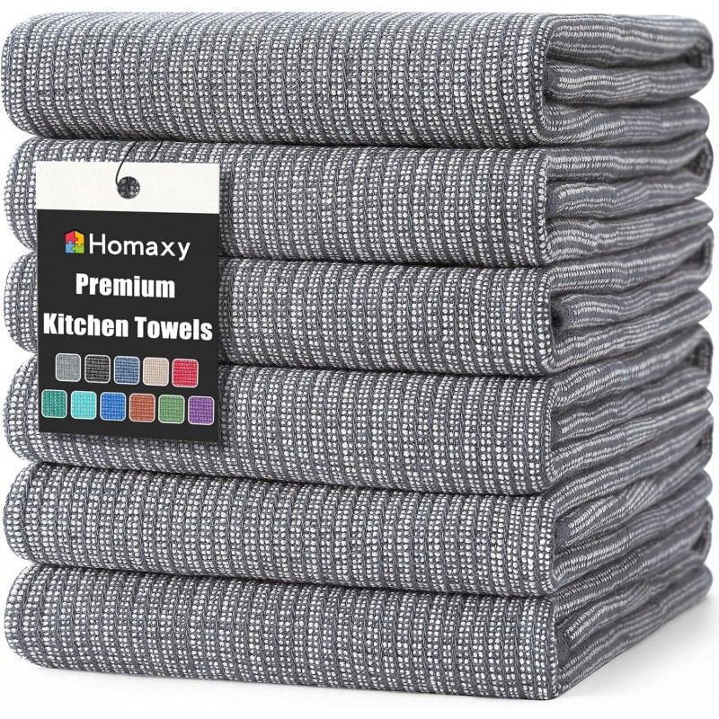 Homaxy Premium Kitchen Towels(18”x 28”, 6 Pack), Large Cotton Kitchen Hand Towels, Flat and Terry Dish Towels, 380 GSM Highly Absorbent Tea Towel Set with Hanging Loop, Grey