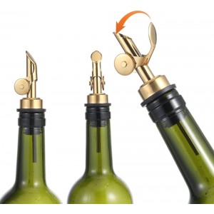 beyonday 6pcs Self Closing Liquor Bottle Pourers - Gold, Auto Flip Wine Bottle Stoppers with Rubber Dust Cap & Cleaning Brush, Weighted Olive Oil Vinegar Dispenser Spout, Fit about 3/4'' Bottle Mouth