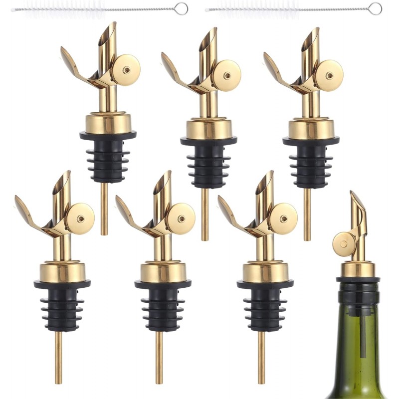 beyonday 6pcs Self Closing Liquor Bottle Pourers - Gold, Auto Flip Wine Bottle Stoppers with Rubber Dust Cap & Cleaning Brush, Weighted Olive Oil Vinegar Dispenser Spout, Fit about 3/4'' Bottle Mouth