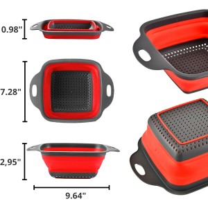 Square Collapsible Colander with Handles – Red Square Silicone Kitchen Strainers with Plastic Handles Foldable Kitchen Strainer Perfect for Draining Pasta Vegetable and Fruit Red