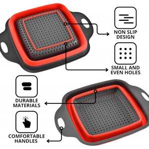 Square Collapsible Colander with Handles – Red Square Silicone Kitchen Strainers with Plastic Handles Foldable Kitchen Strainer Perfect for Draining Pasta Vegetable and Fruit Red