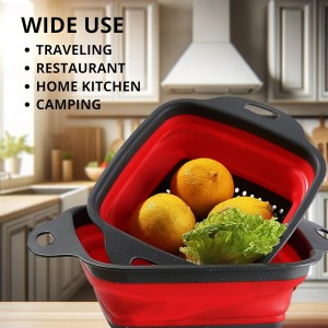 Square Collapsible Colander with Handles – Red Square Silicone Kitchen Strainers with Plastic Handles Foldable Kitchen Strainer Perfect for Draining Pasta Vegetable and Fruit Red